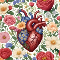 Human heart in flowers. Blooming anatomical human heart.	