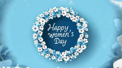 Animated floral lettering "Happy women's day". solidarity message adorned with light blue and white daisy flowers. Flower colorful minimalistic illustration. Spring themed dreamy feminist poster.