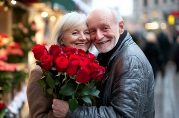 Happy senior couple embracing holding red roses in front of flower shop