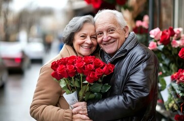 Happy senior couple embracing holding red roses in front of flower shop