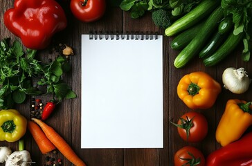 Blank cookbook page surrounded by fresh vegetables on rustic wooden table