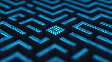 Cyber security and sleek, A mesmerizing, illuminated maze pattern showcasing intricate designs in vibrant blue against a dark background.