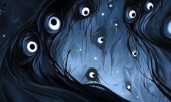 Mysterious dark forest scene with eerie eyes peering through the shadows, creating an unsettling atmosphere