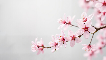 Obraz premium Pink cherry blossoms on white background Copy space