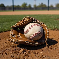 "Photograph of Baseball Glove and Ball on Outdoor Playing Field"
