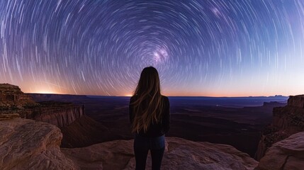 A person standing on a cliff facing the night sky with star trails at dusk