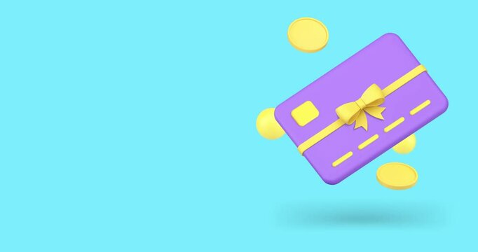 Banking loyalty card gift e money financial reward shopping bonus 3d icon animation. Bank account present business buying goods purchase present certificate cashless payment