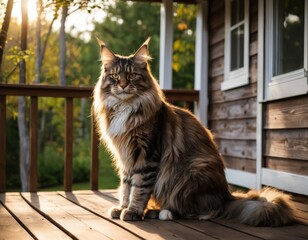 Majestic Maine Coon Cat Sitting on Wooden Porch at Sunset