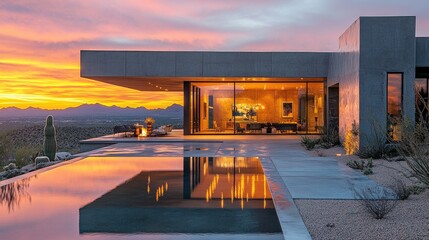 Modern desert home reflecting in infinity pool at sunset