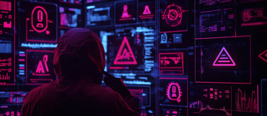 Obraz premium cybersecurity analyst monitors multiple holographic threat alerts in dark environment
