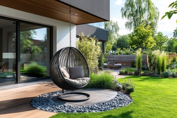 Hanging wicker chair relaxing on a modern patio overlooking a manicured backyard garden