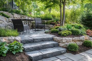 Relaxing backyard patio with stone steps and lush landscaping