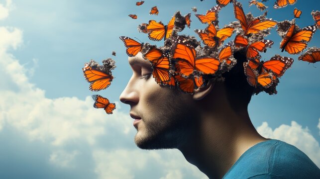 Man's face is covered in butterflies, giving the impression of a butterfly's wings. Concept of freedom and transformation, as the man's face is transformed into a butterfly's