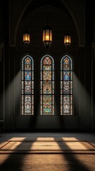 Obraz premium Sunlight streams through intricate stained glass windows in a tranquil mosque interior, illuminating an elegant prayer mat and casting soft rays on the floor for a peaceful atmosphere