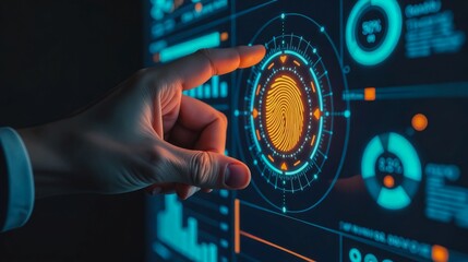 Biometric Interface - Fingerprint Login , Close-up shot of a hand using a fingerprint scanner on a futuristic digital interface. The screen displays blue, orange.