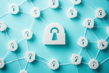 Conceptual illustration of digital security and data protection, featuring interconnected white padlocks symbolizing cybersecurity, privacy, and network safety on a blue background.