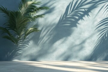 Tropical plant shadows on a blue wall.