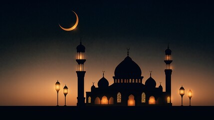 A tranquil evening during Ramadan features a silhouetted mosque adorned with glowing lanterns, while a crescent moon hangs over a serene starry sky in warm gold and navy blue tones