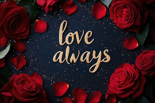 Red roses frame golden love always lettering on sparkling dark blue background