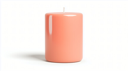 Coral Candle:  A coral-colored pillar candle stands tall and unlit, its smooth surface reflecting a soft glow.  A simple yet elegant addition to any home d&eacute;cor.  
