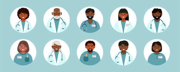 Set of doctors avatars. Concept of medicine, healthcare, clinic, assistance, team. Vector hand drawn cliparts of doctors.