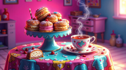 Fototapeta premium a cup of tea and a bowl of delicious cakes in a futuristic atmosphere . Generative AI