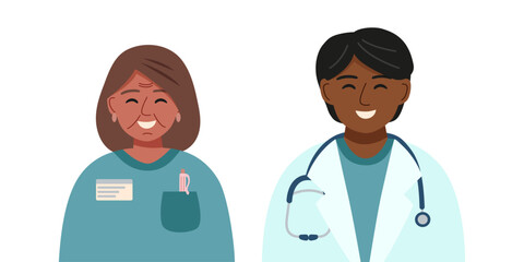 Portraits of male and female doctors. Concept of medicine, healthcare, clinic, assistance. Vector hand drawn cliparts isolated on white.