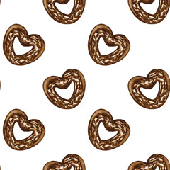 Obraz premium Watercolor seamless pattern of chocolate cookies on white background. Watercolor hand drawn chocolate cookies. Chocolate hearts. Valentine's Day