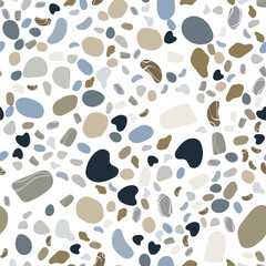 Seamless pattern with surface strewn with multi colored sea stones pebbles. Natural sea coast ornament for printing on fabrics and gift paper. Vector on white background