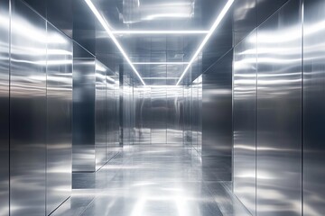 Modern metallic hallway with bright lights.