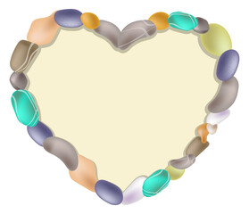 Piece of sea sand shore framed by border of colored pebbles in shape of heart. Decorative element for designing advertising tourism banners. Vector isolated on white background