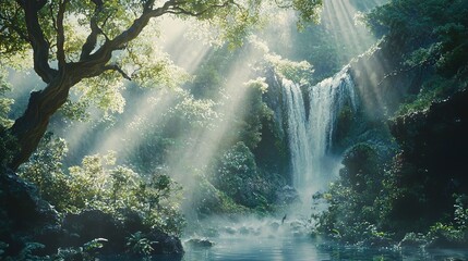 Obraz premium Sunlit Waterfall in Lush Jungle