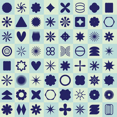 Checkered seamless pattern with retro futuristic neomodern y2k geometric shapes icons.