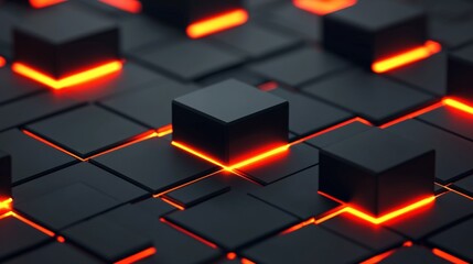 Cyber security and sleek, A close-up of a digital grid featuring black cubes illuminated by vibrant red lines, creating a striking, futuristic pattern.