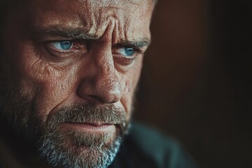 Obraz premium Close-up portrait of a serious mature man with blue eyes showing determination and strength