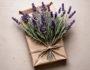 Rustic Brown Paper Gift Wrapped with Lavender Bouquet and Twine