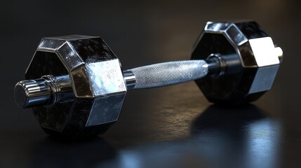 A 3D-rendered large hexagonal dumbbell, polished black with silver highlights, against a black background with sharp lighting