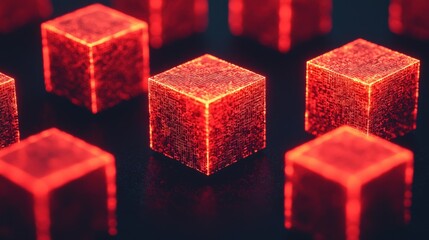 Cyber security and sleek, A visually striking arrangement of glowing red cubes, showcasing a dynamic interplay of light and texture against a dark background.