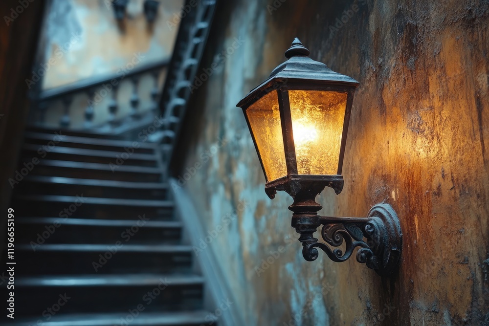 Poster Old lamp illuminating staircase in ancient building