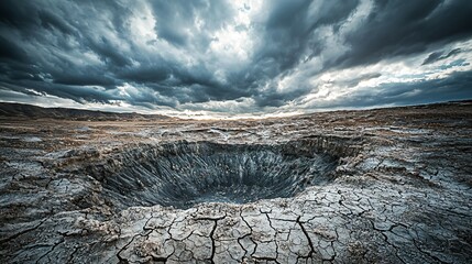 Massive meteor crater surrounded by cracked barren terrain under dramatic cloudy sky, showcasing the immense scale and raw power of natural geological formations