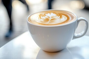 Warm cup of latte art showcasing intricate leaf design on creamy