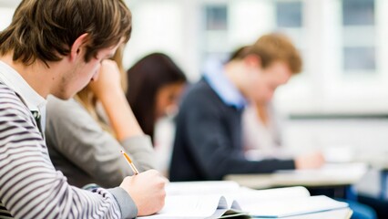 Fototapeta premium Student Preparing for Exam: Blurred classroom background with a student studying. 