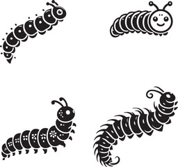 High-Quality Monochrome Vector Silhouettes of the Pale Caterpillar Isolated on a White Background