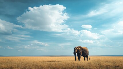 Naklejka premium Solitary elephant in the savanna under a vast blue sky.