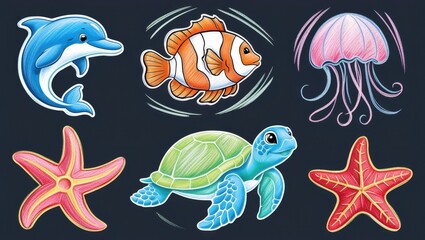 Fototapeta premium Adorable Ocean Animals Cartoon Dolphin Turtle Clownfish Starfish Jellyfish Illustration