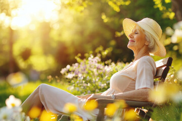 serene elderly woman enjoys sunny day in garden, surrounded by flowers
