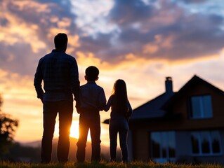 Family Silhouette at Sunset, Watching their New Home