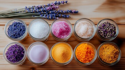 Collection of jars with various colored powders and herbs. The jars are arranged in a row on a wooden surface