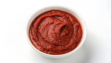 Top view of a bowl with tomato paste isolated on white background