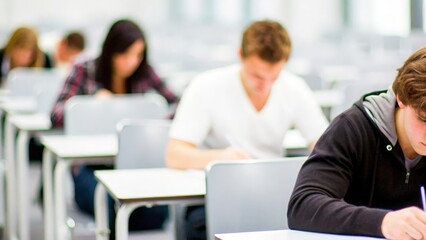 Obraz premium Concentration in Exam Hall: Student concentrating on an exam with a blurred background of the hall. 